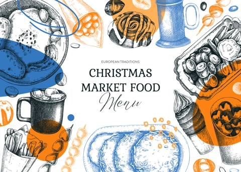 Collage style street food and drink background. European Christmas market pastries, sweets, grilled meat, raclette, hot drinks sketches. Hand-drawn vector illustration. Fast food trendy menu design